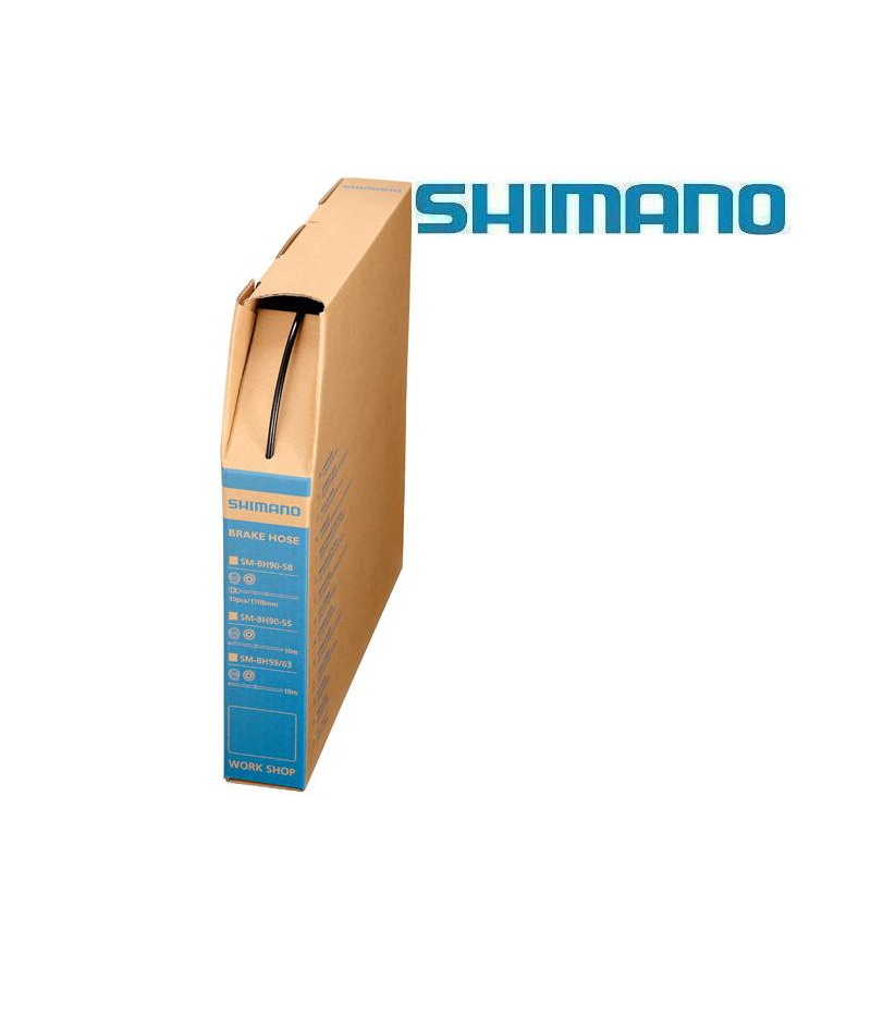 bromsslang-shimano-hydraulisk-sm-bh90-svart.png En brun Shimano-märkt låda med blå märkning matar ut svart bromsslang från en öppning. Shimanos logotyp visas ovanför och till höger om lådan på en vit bakgrund.