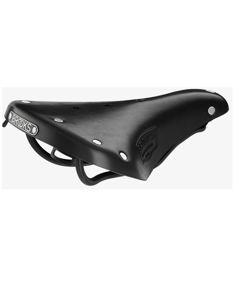 brooks-b17-svart.png En cykelsadel i svart Brooks-läder med metallnitar och präglat varumärke, fotograferad från en liten sidovinkel mot en vit bakgrund.