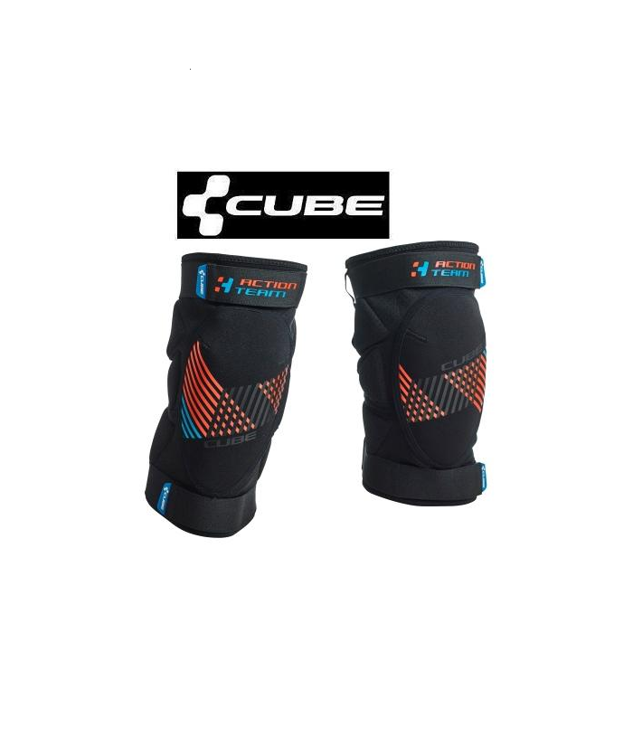 cube-knaskydd.png Ett par svarta Cube Action Team-knäskydd med röda
