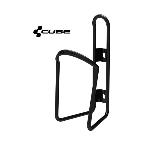 En svart vattenflaskhållare för cyklar av märket Cube visas upprätt mot en vit bakgrund, med Cube-logotypen uppe till vänster på hållaren.