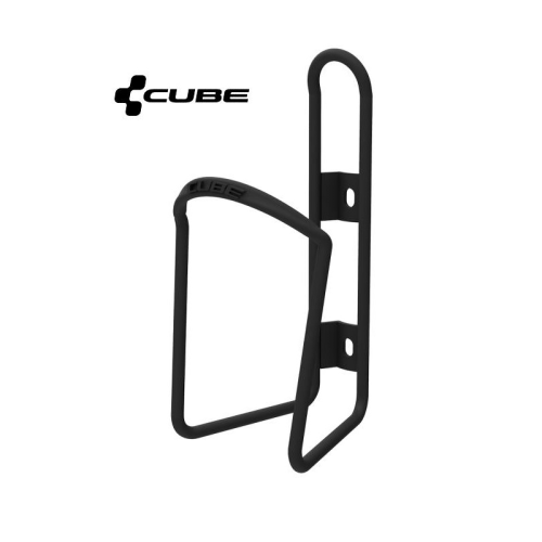 En svart vattenflaskhållare för cykel av märket Cube visas mot en vit bakgrund. Cube-logotypen syns i det övre vänstra hörnet. Flaskhållaren har en minimalistisk lättviktsdesign med två skruvhål för fastsättning.