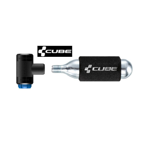 Ett CO2-huvud för cykeluppblåsning av märket Cube och en CO2-patron med en svart skumhylsa, båda med Cube-logotypen, visas mot en vit bakgrund.
