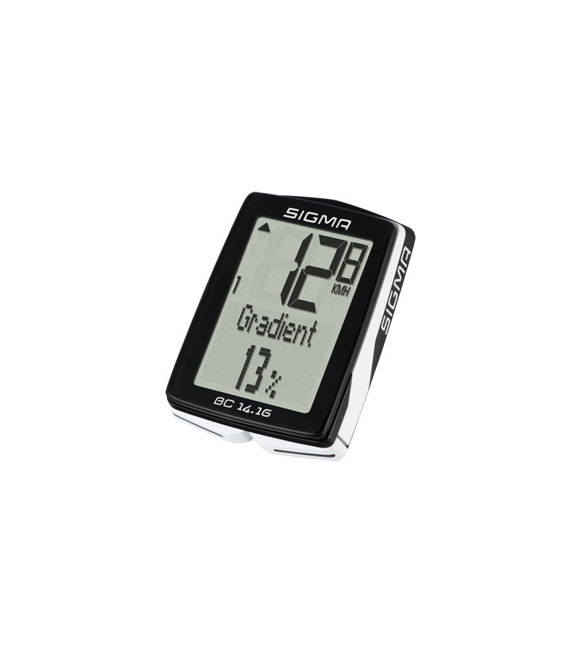 cykeldator-sigma-bc-14-16-alti.png En digital Sigma BC 14.16 cykeldator som visar hastighet, lutningsprocent och andra cykeldata på skärmen, med ett svart och silverfärgat hölje, mot en vit bakgrund.