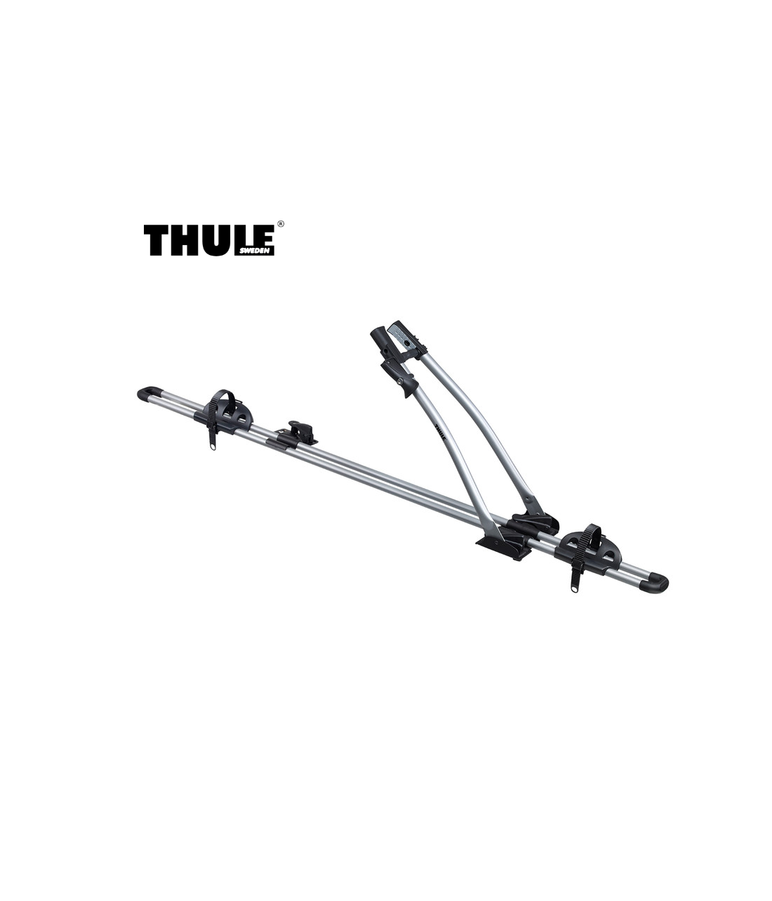 cykelhallare-thule-freeride.png Ett silverfärgat och svart Thule-cykelställ visas isolerat mot en vit bakgrund, med Thule-logotypen i det övre vänstra hörnet. Cykelstället är utformat för att montera en cykel på ett fordonstak.