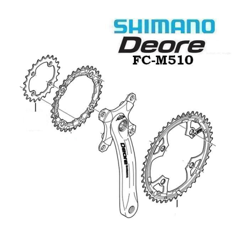 Ett tekniskt diagram som visar Shimano Deore FC-M510 vevpartiet med tre kedjehjul, märkta delar och Shimano Deore-logotypen i det övre högra hörnet.