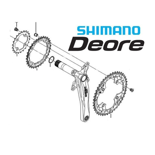 Exploderat diagram över ett Shimano Deore cykelvevställ som visar märkta delar inklusive kedjehjul, vevarm och spindel, med Shimano Deore-logotypen i blått och svart.