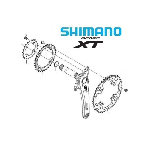 Tekniskt diagram över ett Shimano Deore XT-vevställ för cykel, med sprängskiss över vevarmen, spindeln och kedjehjulen med monteringsdelarna synliga. Shimano Deore XT-logotypen visas längst upp till höger.