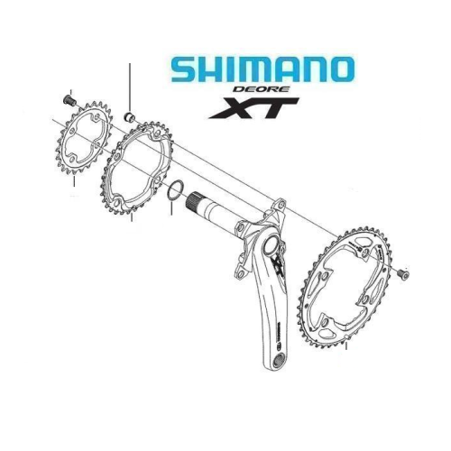 Linjeteckning av ett Shimano Deore XT vevparti med kedjehjul, vevarm, axelaxel, bultar och Shimano-logotypen ovanför komponenterna.
