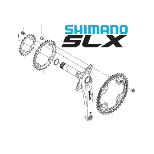 Exploderat diagram över ett Shimano SLX-vevställ för cykel, med separata kedjehjul, vevarm och spindel, med Shimano SLX-logotypen ovanför komponenterna på en vit bakgrund.