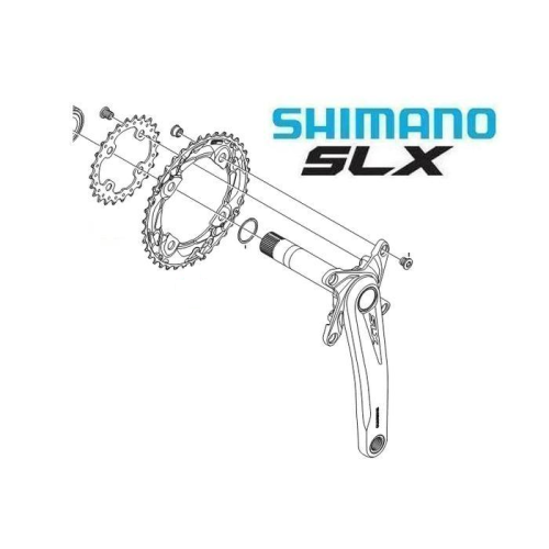 En teknisk linjeteckning visar en sprängskiss av ett Shimano SLX cykelvevställ med kedjehjul, bultar och vevarm. Shimano SLX-logotypen visas i blått och svart text i bakgrunden.