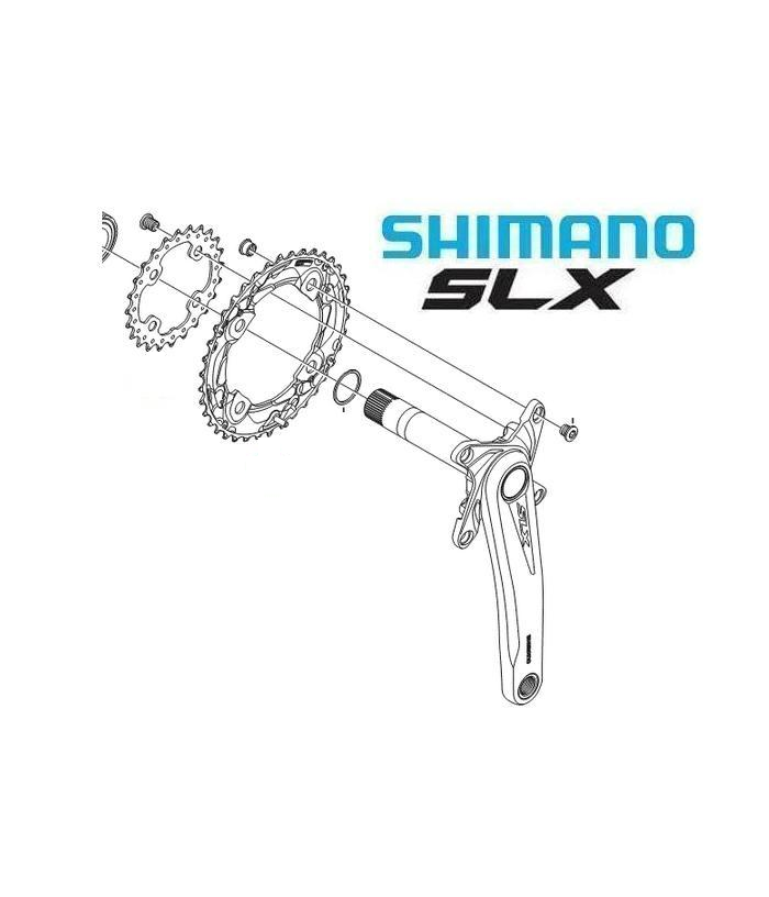 drev-shimano-slx-m675.png En teknisk linjeteckning visar en sprängskiss av ett Shimano SLX cykelvevställ med kedjehjul, bultar och vevarm. Shimano SLX-logotypen visas i blått och svart text i bakgrunden.