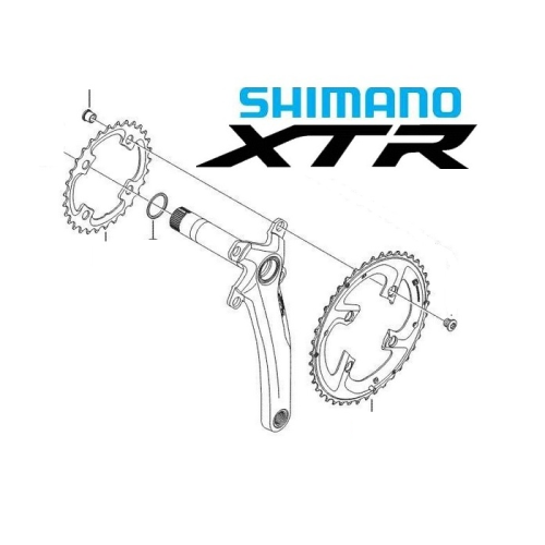 En teknisk ritning av ett Shimano XTR-cykelvevställ med två kedjehjul, spindel, bultar och Shimano XTR-logotypen i blått och svart i bakgrunden.