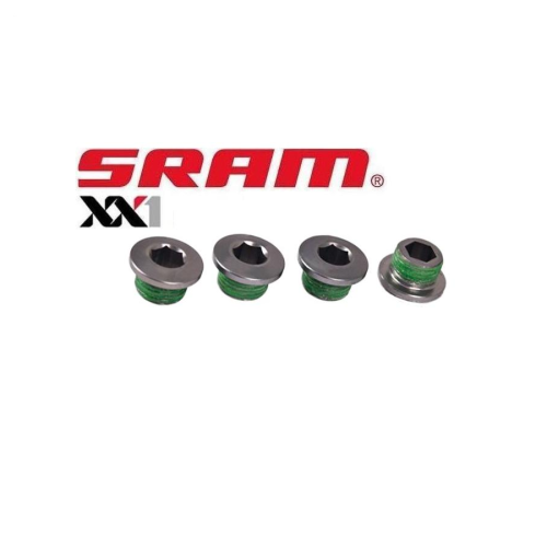 Fyra metallbultar med grön gänglåsning är placerade framför den röda SRAM-logotypen och den svarta texten "XX1" på vit bakgrund.