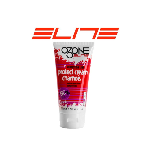 En tub med Ozone Elite Protect Cream Chamois, 150 ml, med röd och vit design, framför en orange "ELITE"-logotyp på vit bakgrund.