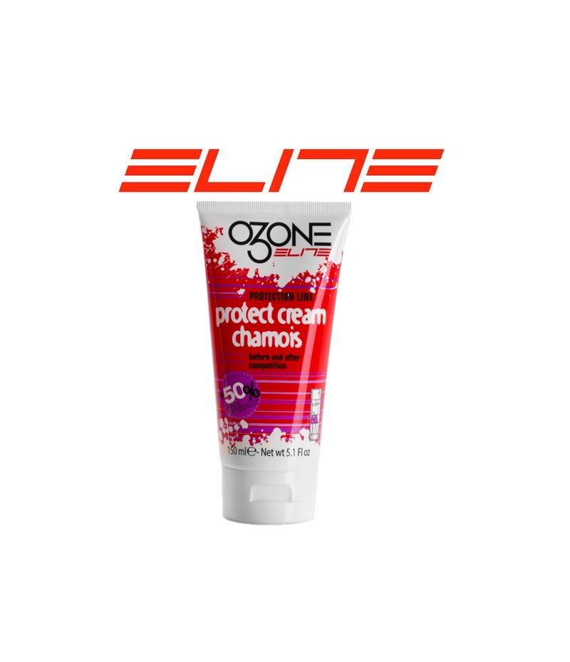 elite-protect-cream.png En tub med Ozone Elite Protect Cream Chamois, 150 ml, med röd och vit design, framför en orange "ELITE"-logotyp på vit bakgrund.
