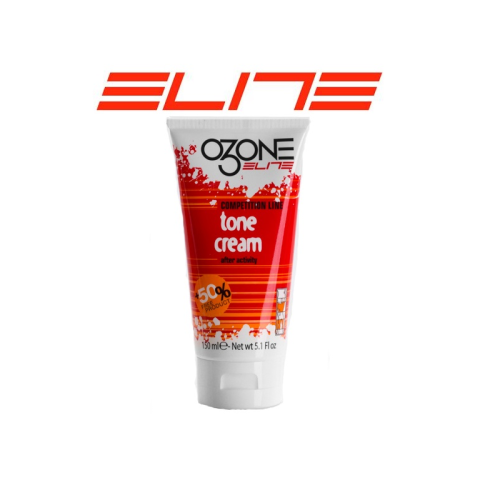 En tub med Ozone Elite Competition Line Tone Cream med röd, vit och orange design, märkt 150 mL (5,1 fl oz), med ordet "ELITE" i röd text ovanför.