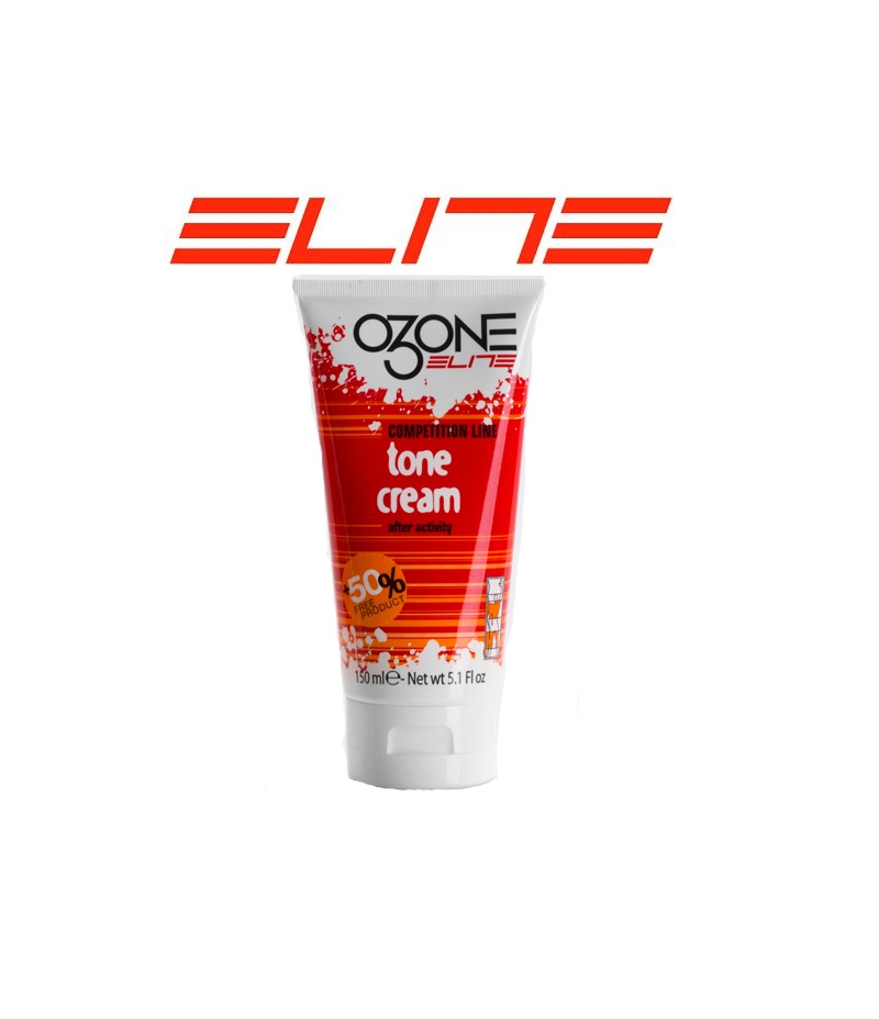 elite-tone-cream.png En tub med Ozone Elite Competition Line Tone Cream med röd, vit och orange design, märkt 150 mL (5,1 fl oz), med ordet "ELITE" i röd text ovanför.