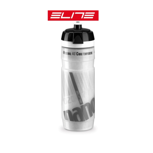 En vit cykelvattenflaska av märket Elite med svart lock står upprätt mot en vit bakgrund, med den röda Elite-logotypen placerad ovanför.