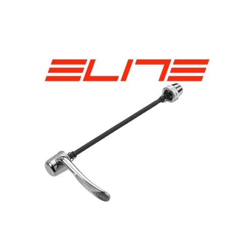 En snabbspännare för cykel med silverfärgad spak och ändlock visas framför den röda "ELITE"-logotypen på vit bakgrund.