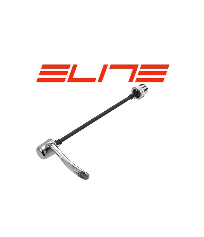 elite.snabbkoppling.png En snabbspännare för cykel med silverfärgad spak och ändlock visas framför den röda "ELITE"-logotypen på vit bakgrund.