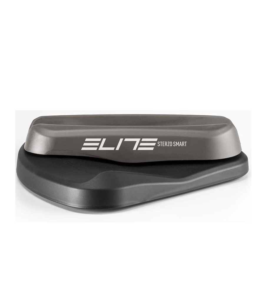 elite.styrplatta.smart_.png Ett grått och svart cykeltillbehör märkt "Elite Sterzo Smart", avsett för cykelträning inomhus, visas på en vit bakgrund.