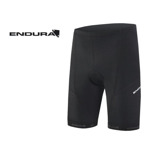 Ett par svarta cykelshorts med vaddering, Endura-logotypen på vänster ben och i midjebandet, mot en vit bakgrund med Endura-logotypen i övre vänstra hörnet.