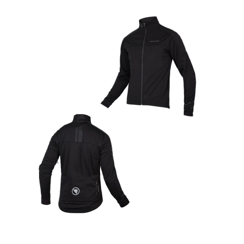 Svart jacka med dragkedja, sedd framifrån och bakifrån, med långa ärmar, hög krage och en liten logo på bakfickan. Jackan ser ut att vara tillverkad i ett lätt, sportigt material.