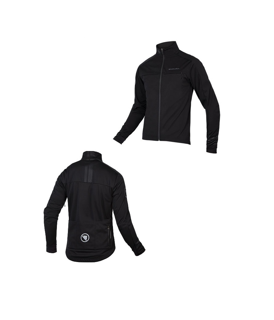 endura-windchill-II-jacka.png Svart jacka med dragkedja, sedd framifrån och bakifrån, med långa ärmar, hög krage och en liten logo på bakfickan. Jackan ser ut att vara tillverkad i ett lätt, sportigt material.