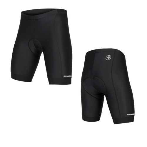 Ett par svarta cykelshorts som visas framifrån och bakifrån, med vadderad sits och ett diskret vitt Endura-märke nära nederkanten.