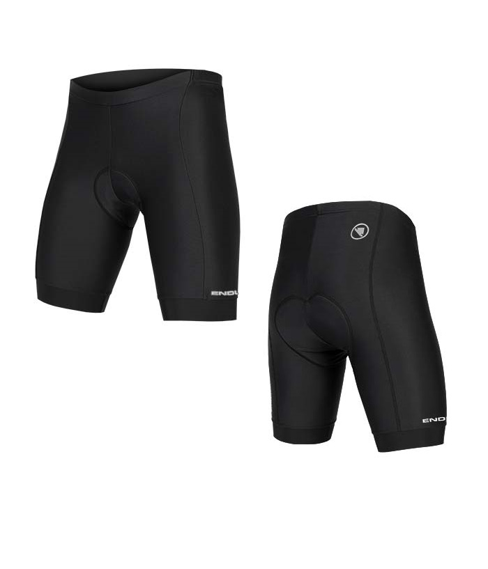endura-xtrackt-gel-shorts-1.png Ett par svarta cykelshorts som visas framifrån och bakifrån, med vadderad sits och ett diskret vitt Endura-märke nära nederkanten.
