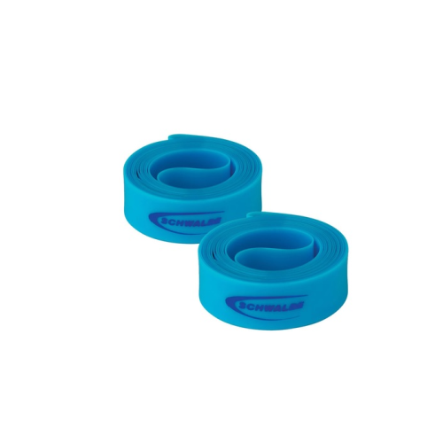 Två blå gummilister med logotypen "SCHWALBE" i lila bokstäver, placerade sida vid sida mot en vit bakgrund.