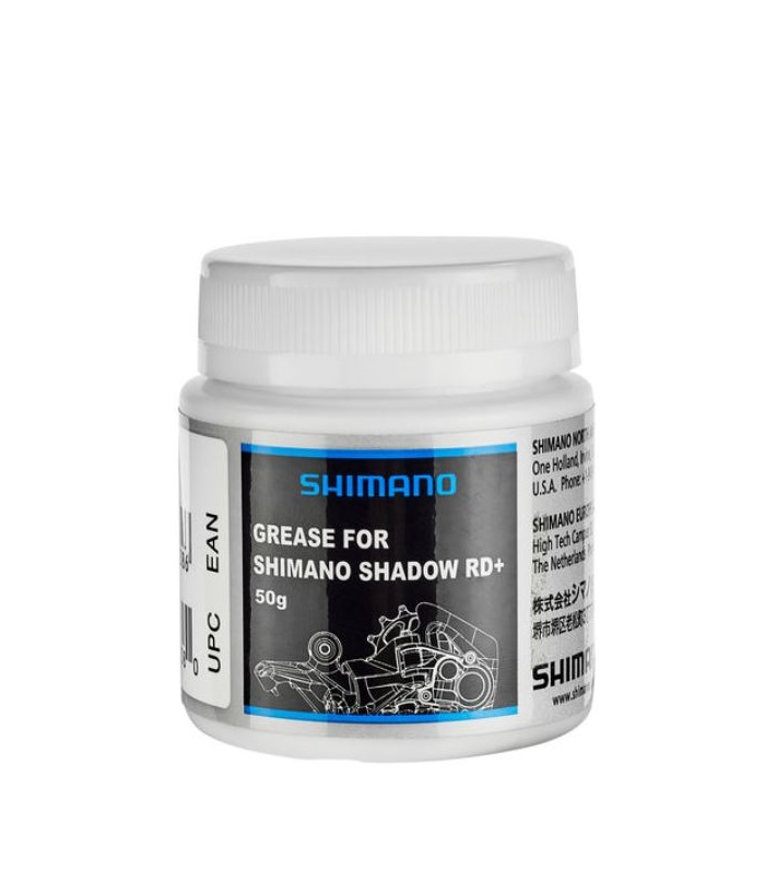 fett-for-shadow.png En vit plastburk märkt "Shimano Grease for Shimano Shadow RD+