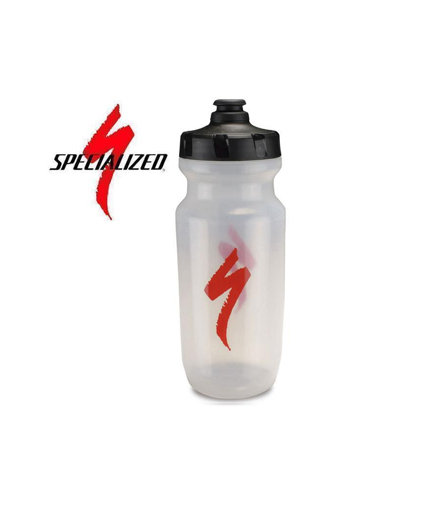 flaska-specialized-little-big-mouth-550ml.png En Specialized-vattenflaska i klar plast med svart skruvlock och röd Specialized-logotyp på framsidan, mot en vit bakgrund med Specialized-logotypen till vänster.