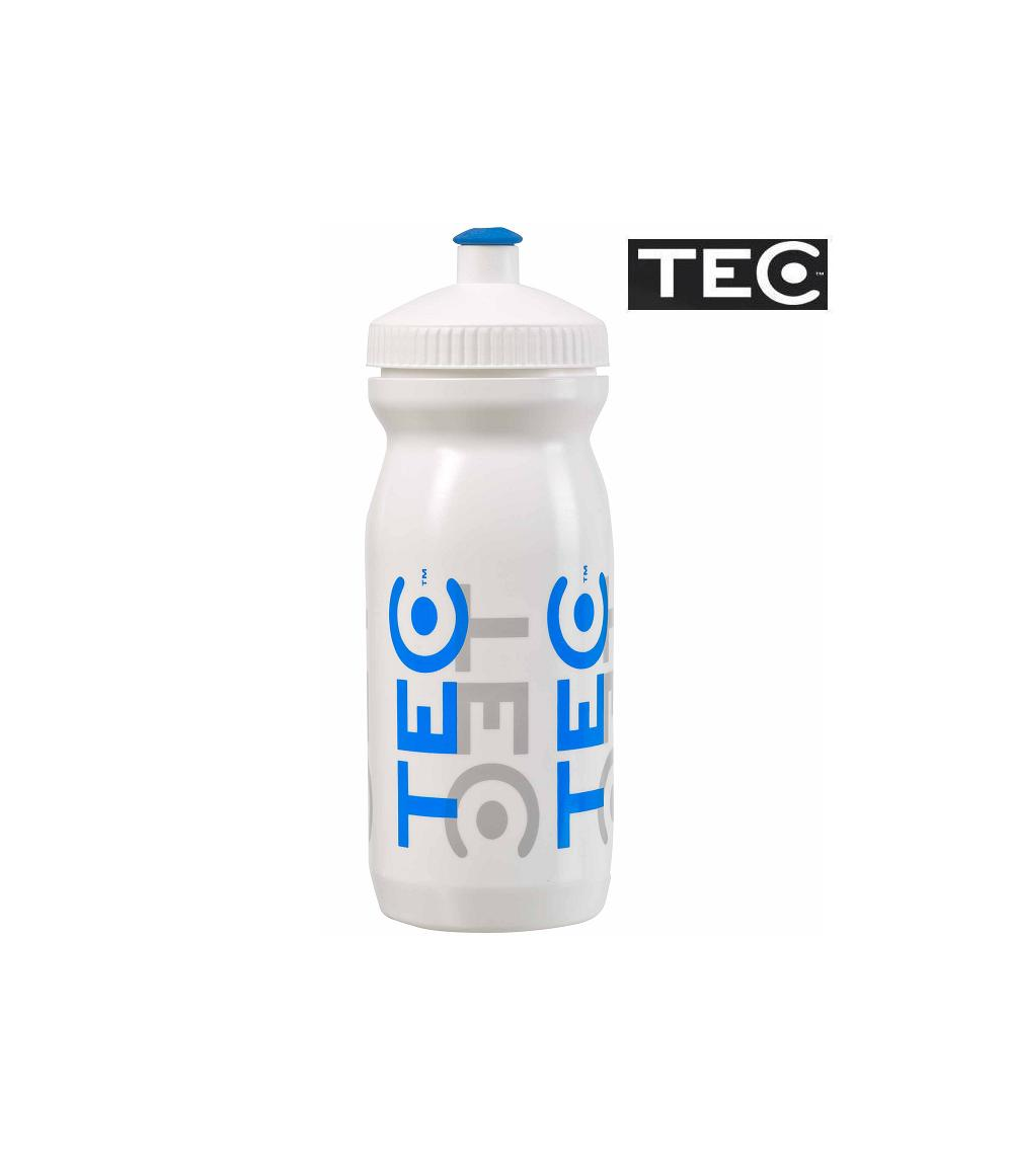 flaska-tec-no-leak-600ml.png En vit vattenflaska i plast med en blå och grå "TEC"-logotyp tryckt vertikalt, en vit skruvkork och en blå pip. TEC-logotypen visas också i bildens övre högra hörn.