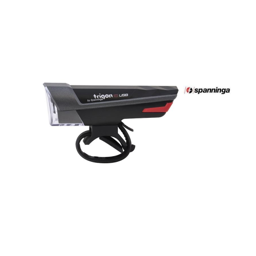 En svart Spanninga Trigon USB cykelstrålkastare med monteringsfäste, med röda och vita detaljer, visas på en vit bakgrund med Spanningas logotyp till höger.