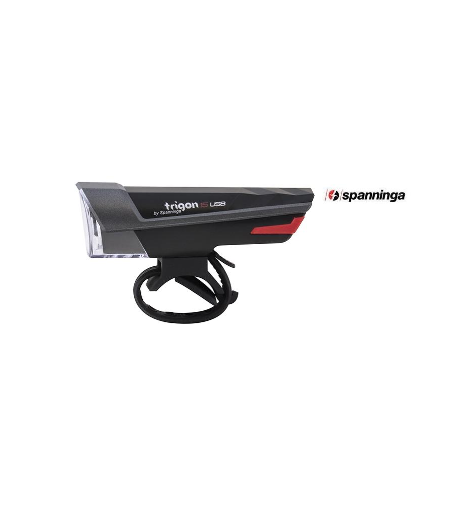 framlampa-trigon-15.png En svart Spanninga Trigon USB cykelstrålkastare med monteringsfäste, med röda och vita detaljer, visas på en vit bakgrund med Spanningas logotyp till höger.