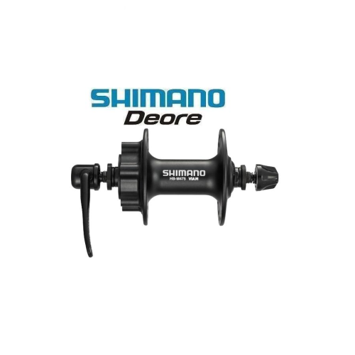 Ett svart Shimano Deore-cykelnav med en snabbkopplingsspak visas mot en vit bakgrund. Shimano Deore-logotypen visas ovanför navet i blå och svart text.