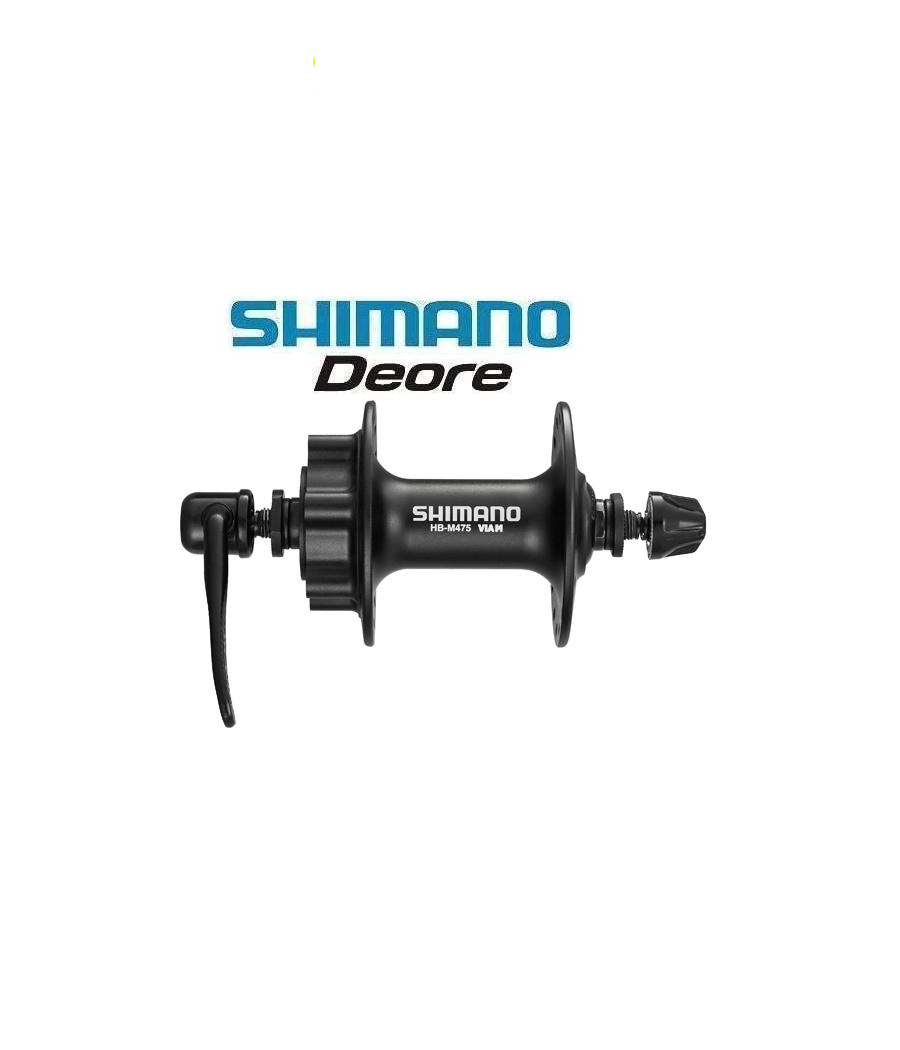 framnav-shimano-deore-hb-m475-disc.png Ett svart Shimano Deore-cykelnav med en snabbkopplingsspak visas mot en vit bakgrund. Shimano Deore-logotypen visas ovanför navet i blå och svart text.