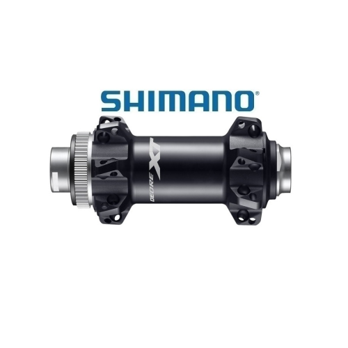 Ett Shimano XT-cykelnav i svart med silverfärgade detaljer, fotograferat mot en vit bakgrund med den blå Shimano-logotypen ovanför.