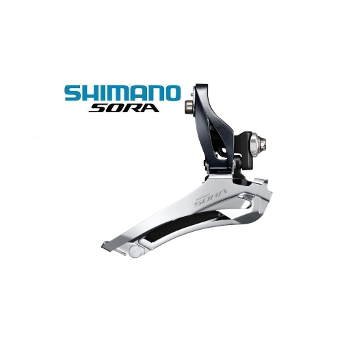 En Shimano Sora framväxel visas mot en vit bakgrund med logotypen "SHIMANO SORA" ovanför i blå och svart text.