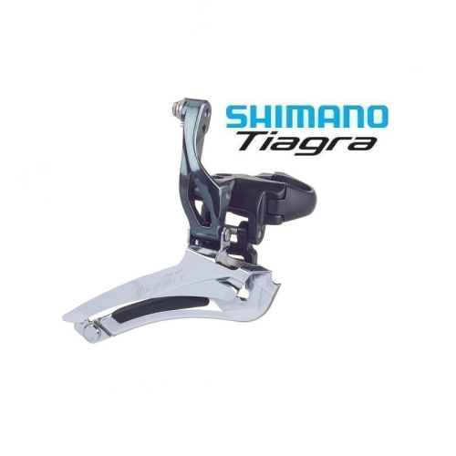 En Shimano Tiagra-framväxel visas mot en vit bakgrund, med Shimano Tiagra-logotypen i blå och svart text ovanför och till höger om cykelkomponenten.