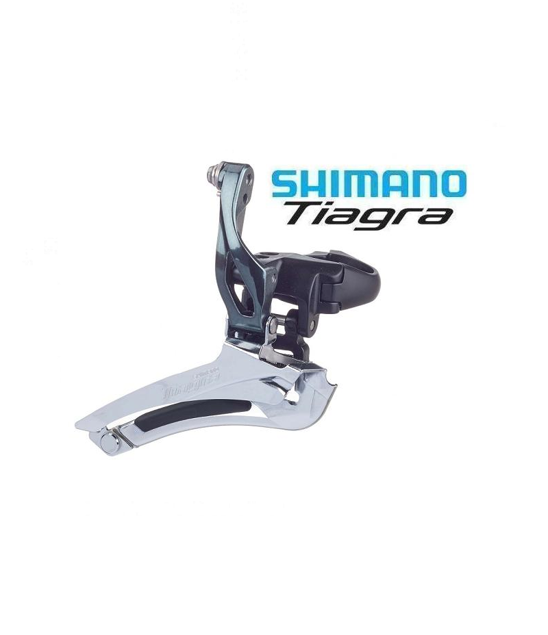 framvaxel-shimano-tiagra-fd-4700-klamma.png En Shimano Tiagra-framväxel visas mot en vit bakgrund, med Shimano Tiagra-logotypen i blå och svart text ovanför och till höger om cykelkomponenten.