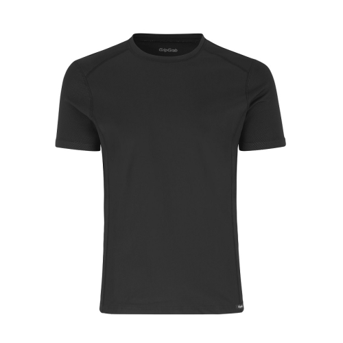 En enfärgad svart kortärmad sport-t-shirt med rund halsringning, mot en vit bakgrund. T-shirten har en enkel design utan synliga logotyper eller mönster.