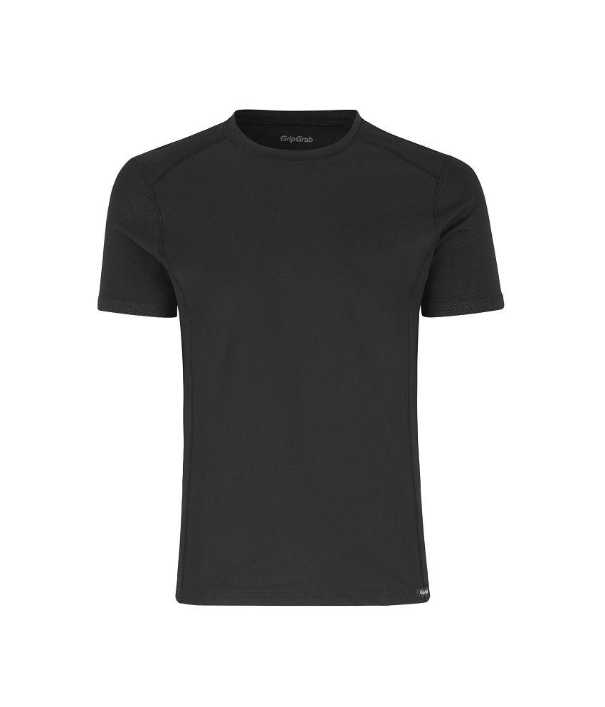 gripgrab-windbreaking-short-sleeve.png En enfärgad svart kortärmad sport-t-shirt med rund halsringning, mot en vit bakgrund. T-shirten har en enkel design utan synliga logotyper eller mönster.