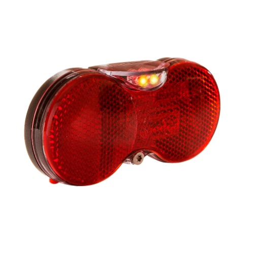 En röd baklykta för cykel med två runda reflexer och tre små gula LED-lampor upptill, fotograferad mot en vit bakgrund.
