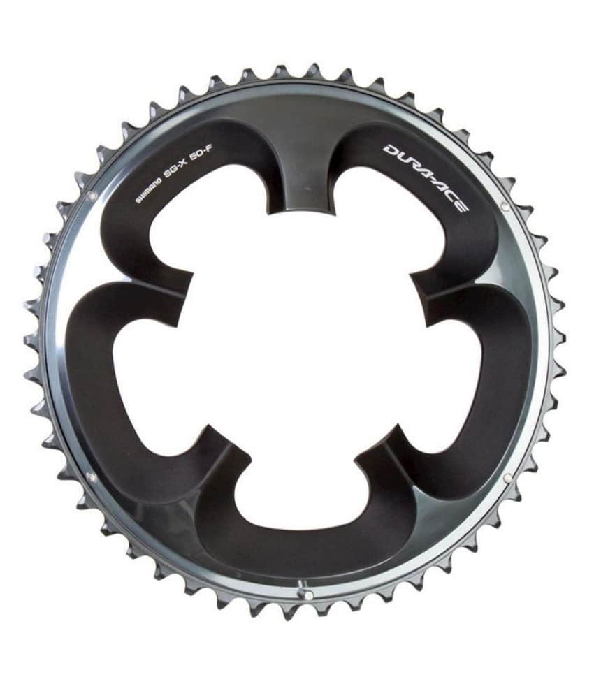 kLINGA-FC7950-50.jpg En Shimano Dura-Ace cykelkedjekrans med 54 tänder, med svart och silver design, fem fästpunkter och modellmärkning synlig på ytan.