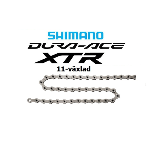 En cykelkedja i silver visas under logotyperna Shimano, Dura-Ace och XTR. Texten "11-växlad" visas, vilket indikerar att kedjan är avsedd för ett 11-växlat system. Bakgrunden är enfärgat vit.