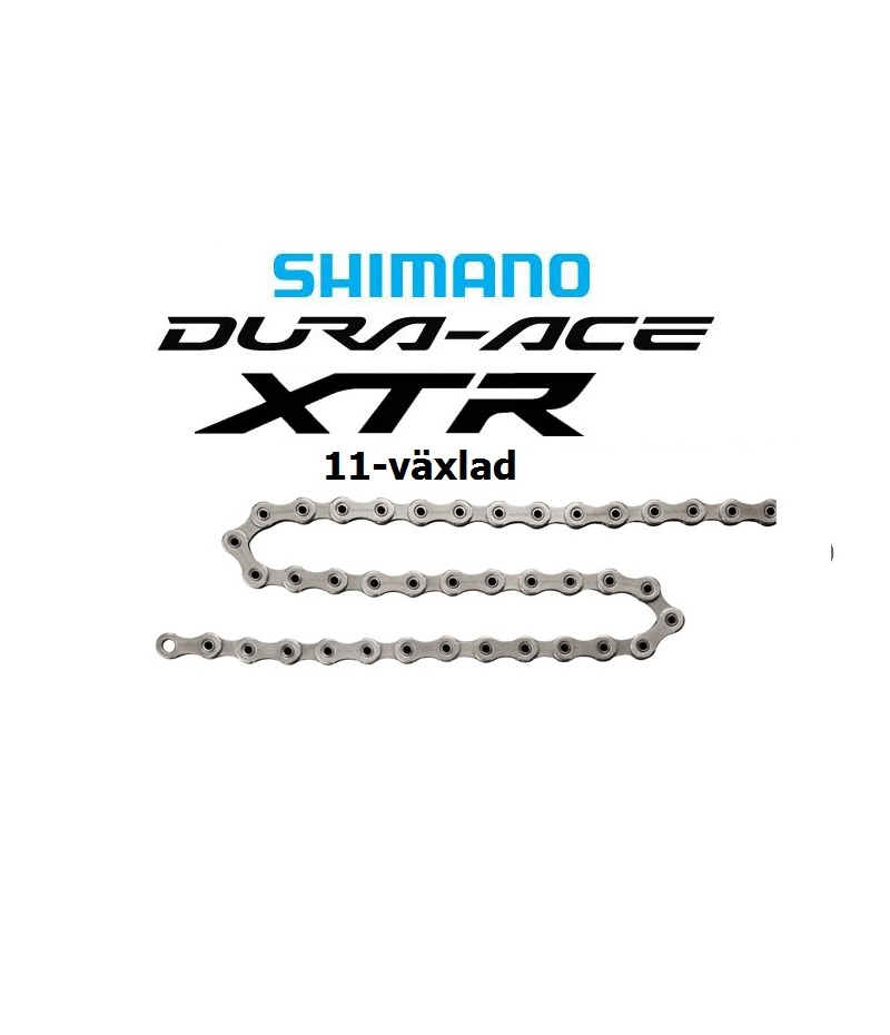 kedja-shimano-dura-ace-xtr-cn-hg901.png En cykelkedja i silver visas under logotyperna Shimano, Dura-Ace och XTR. Texten "11-växlad" visas, vilket indikerar att kedjan är avsedd för ett 11-växlat system. Bakgrunden är enfärgat vit.