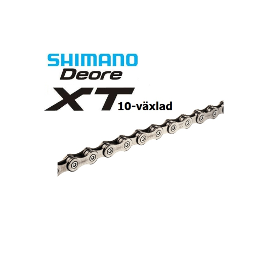 En Shimano Deore XT 10-växlad cykelkedja visas, med produktnamnet och texten "10-växlad" ovanför bilden av kedjan. Bakgrunden är vit.
