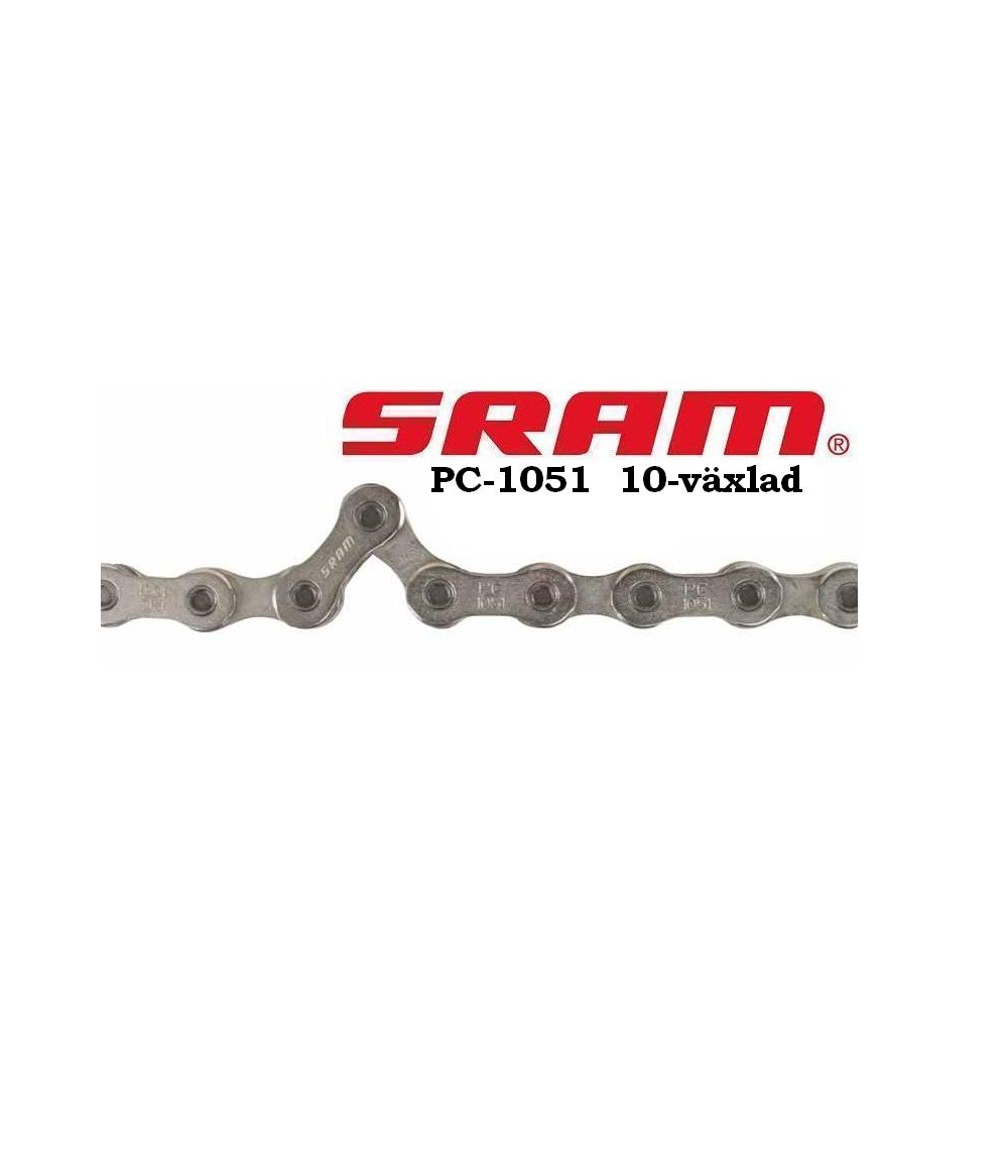 kedja-sram-pc-1051.png En silverfärgad cykelkedja visas med den röda SRAM-logotypen ovanför. Texten "PC-1051" och "10-växlad" visas bredvid logotypen, vilket indikerar modellen och att det är en 10-växlad kedja.